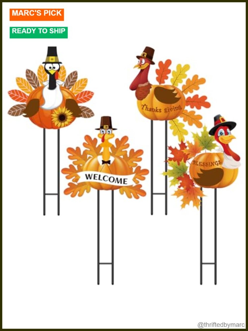 4 Pack Thanksgiving Metal Turkey Yard Stakes Outdoor Decor Set